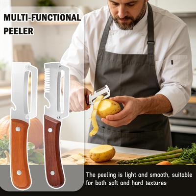 2 Pack Multifunction Stainless Steel Peeler with Thickened Wooden Handle for Kitchen Use Vegetable and Fruit Tool Set