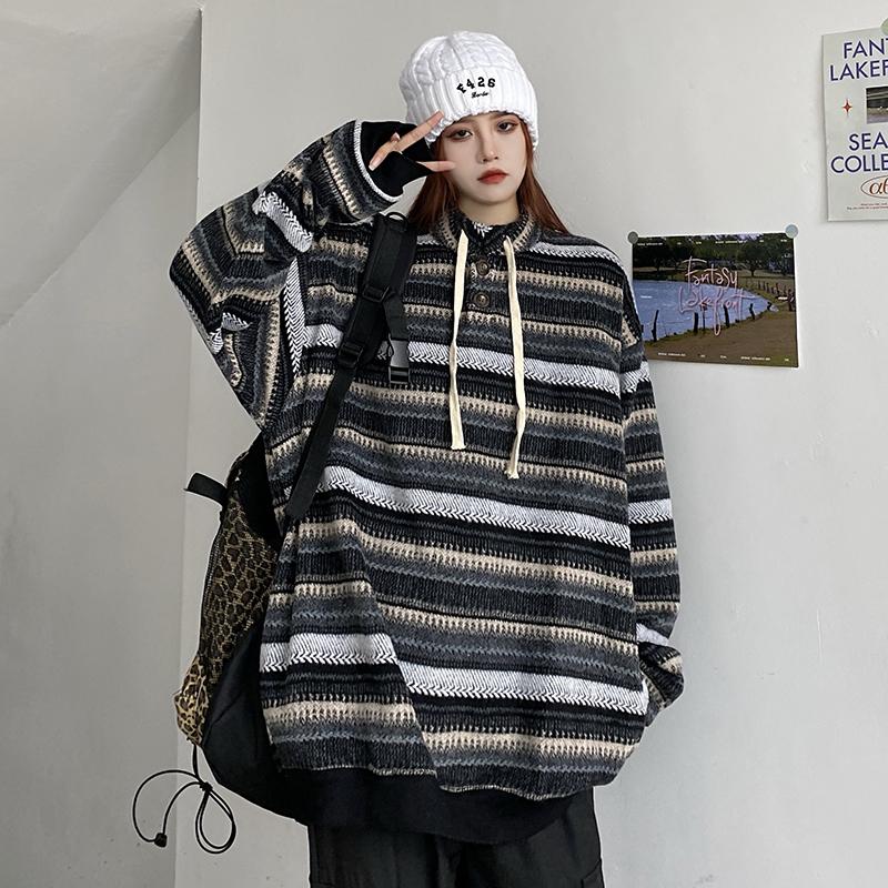 Autumn and Winter Vintage Striped Loose Pullovers Women Sweater Long Sleeve Casual Plus Size Knitted Sweaters Women Fashion O Neck Knit Jumpers 25361