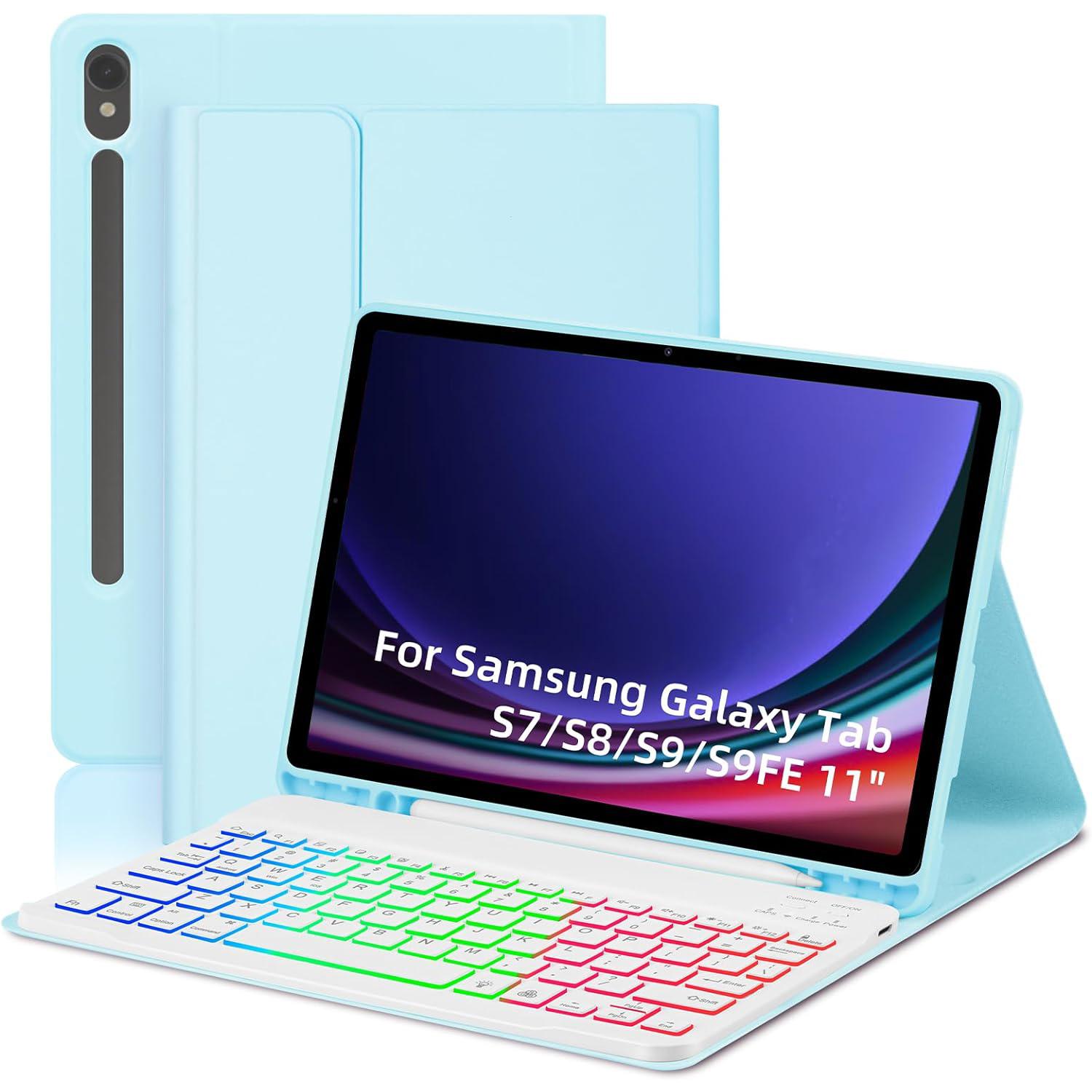 

SD-X710 For Samsung Galaxy Tab S7/S8/S9/S10 FE/S9 FE 11 inch PU Tablet Case Backlit Bluetooth-Compatible Keyboard Baby Blue