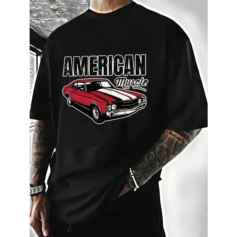 European Sizes Men's Plus-Size Retro American Muscle Car T-Shirt - Vintage Auto Print Round Neck Casual Tee Suitable for Daily Wear