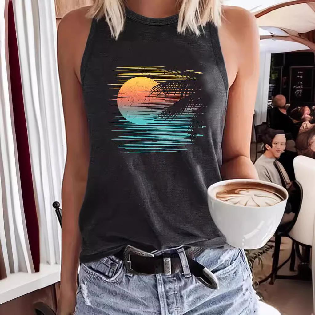 Top casual sin mangas de primavera y verano Camiseta Chaleco de cuello redondo para mujer