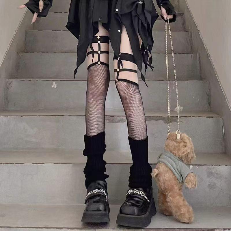 Ladies' Black Rivet Fishing Net Knee High Socks Hollow Socks Long Black Silk Suspender Sexy Silk Mesh Stockings