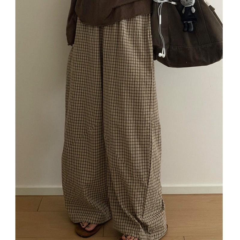 Retro Plaid Wide Leg Pants Women High Waist Loose Casual Trousers