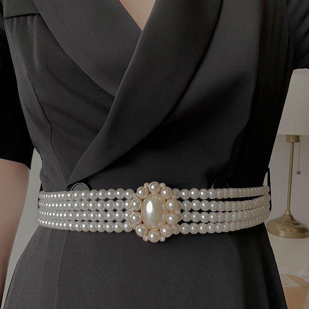 For Girls Elastic Metal Buckle Crystal Women Waistband Dress Decoration Korean Belt Faux Pearl