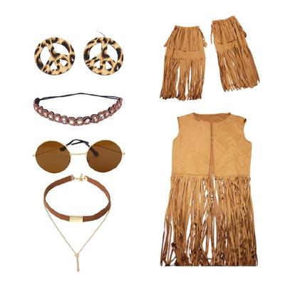 Women Hippie Costume Set 60s 70s Outfits Peace Sign Earrings Necklace Legwarmer Headband 1970 Styles Clothes Jewelry