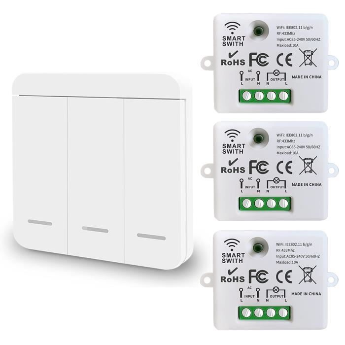DieseRC Mini commutateur WiFi sans fil télécommande RF 2500W 10A 3 récepteurs avec 1 interrupteur mural
