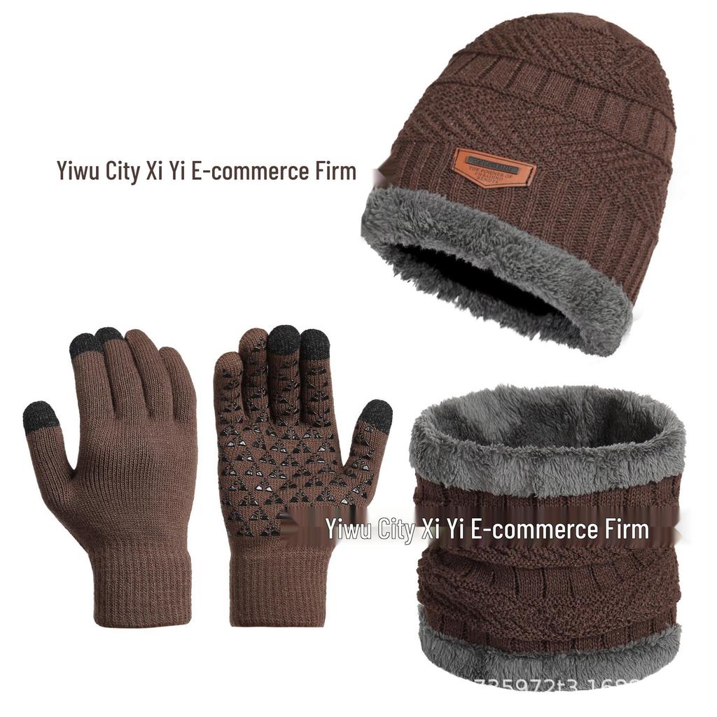 Men's Three-Piece Winter Set: Knitted Wool Hat, Scarf, and Touchscreen Gloves with Plus Velvet Warmth