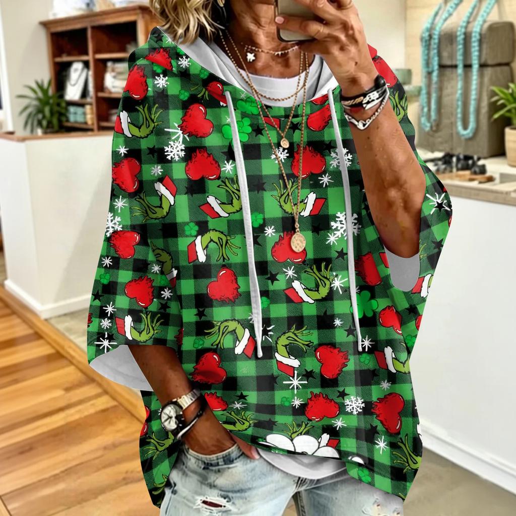 Women's Christmas Print Hooded Loose Fit Sweatshirt
