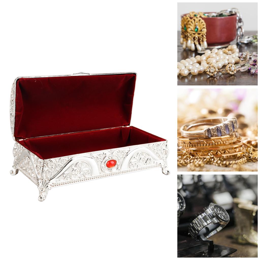 Vintage Metal Jewelry Box Rectangle Delicate Pattern Trinket Box with Soft for Rings Rrings