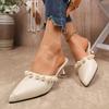 New Sweet Pearl High-heeled Slippers Summer New Pointed Toe Mules Half Baotou Slipper Beige Black Outside Heeled Sandal Slides