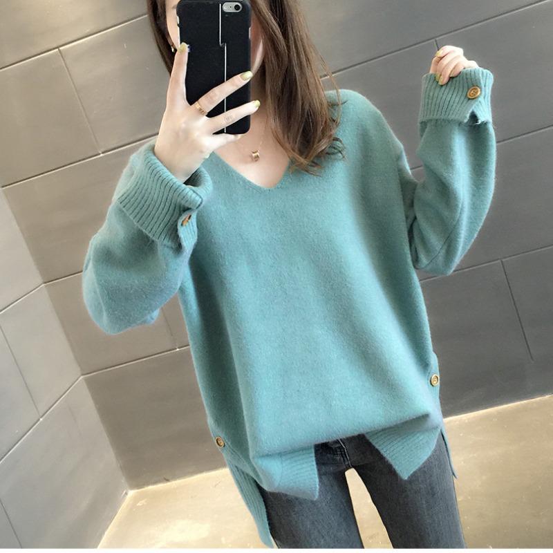Autumn New Long Sleeve V Neck Women's Knitted Sweater Fashion Casual Loose Solid Winter Sweaters Women Soft Warm Elegant Ladies Knitwear Jumpers 25524