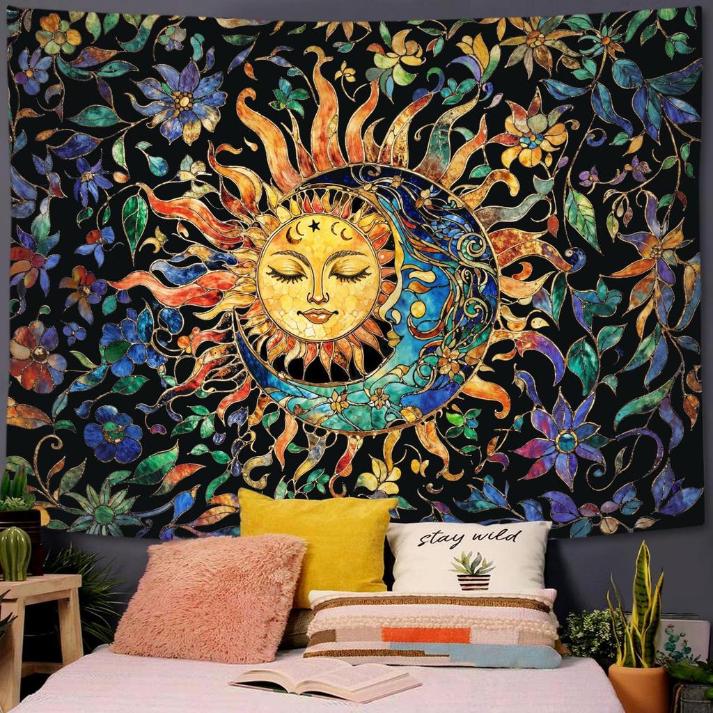 Sun and Moon Wall Tapestry Celestial Boho Decor Floral Night Sky Pattern Astrology Theme Home Decoration Dreamy Cosmic Design