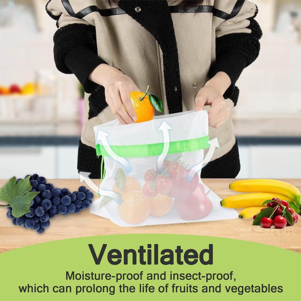 MAQIHAN 12PCS Reble Produce Bags - Mesh Produce Bags Drawstring Reble Washable Vegetable Storage Bags Refrigerator Keep Fresh Grocery Food Fruits