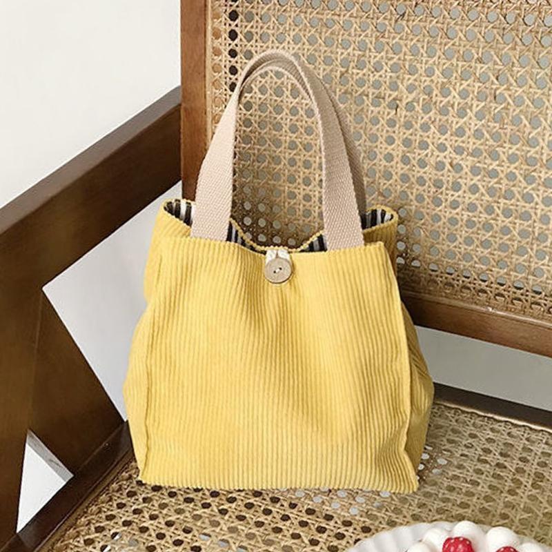 Corduroy Canvas Lunch Bag Solid Ribbed Outdoor Portable Tote with Handle Kids Student Handbag
