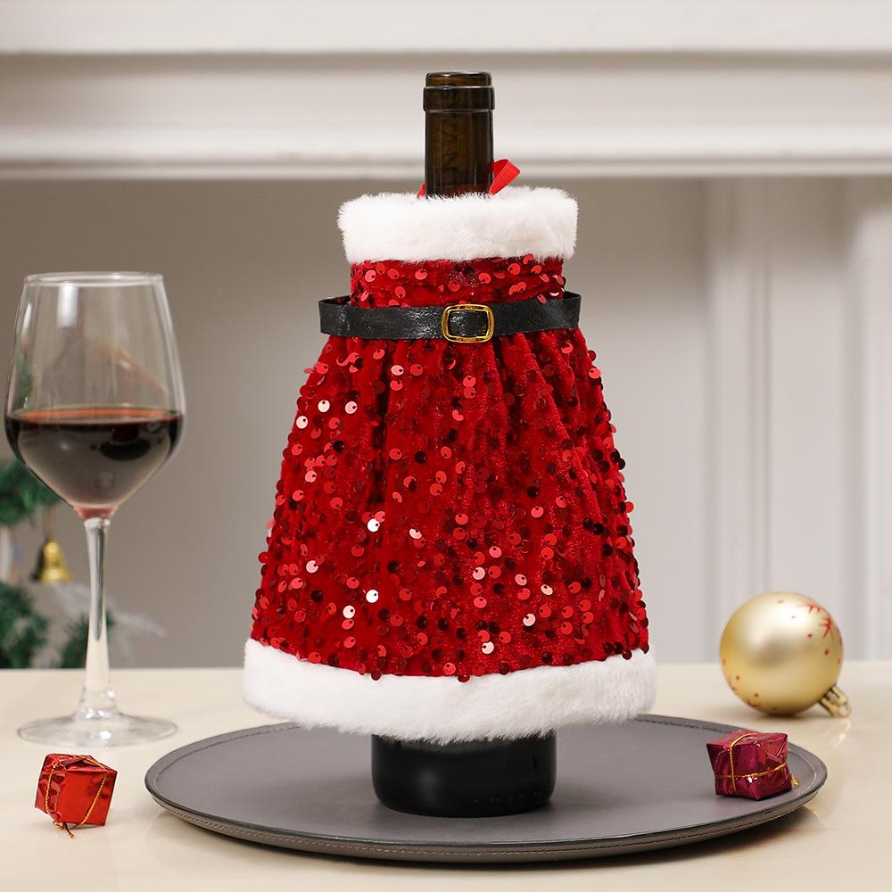 Christmas Sequin Wine Bottle Cover, Sparkly Dress Skirt for Red Champagne Bottles Holiday Party Decoration