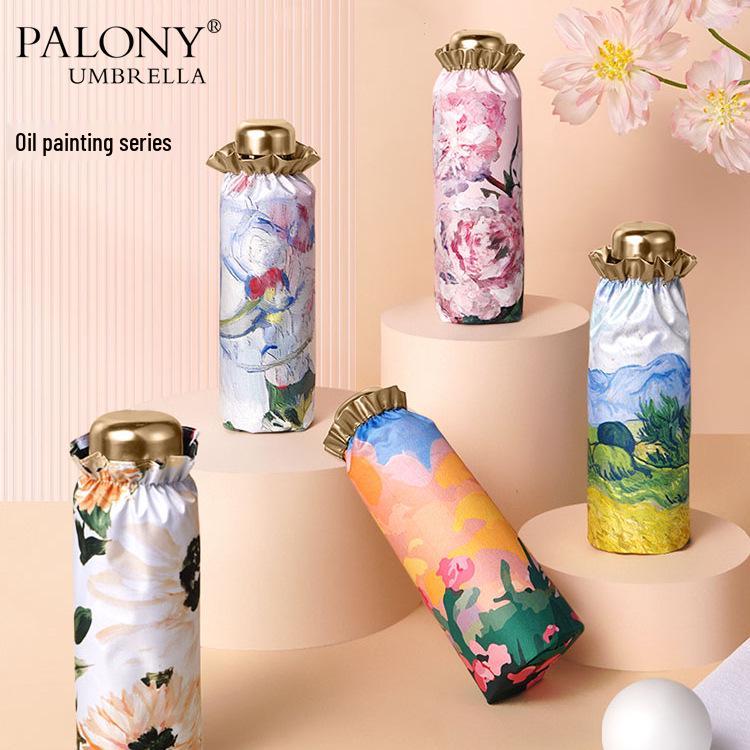 

Compact Women s Dual-Use Folding Umbrella: Oil Painting Design, UV Protection, Sunny/Rainy, Portable, Five-Fold. 90cm