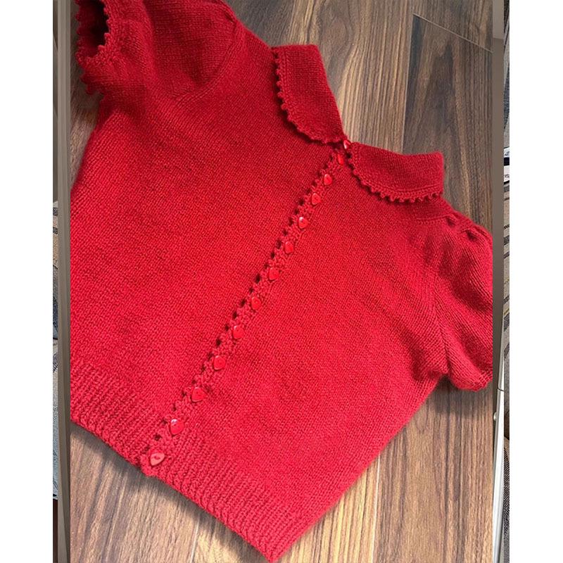 2023 Europäischer roter Strickpullover mit Puffärmeln und Umlegekragen