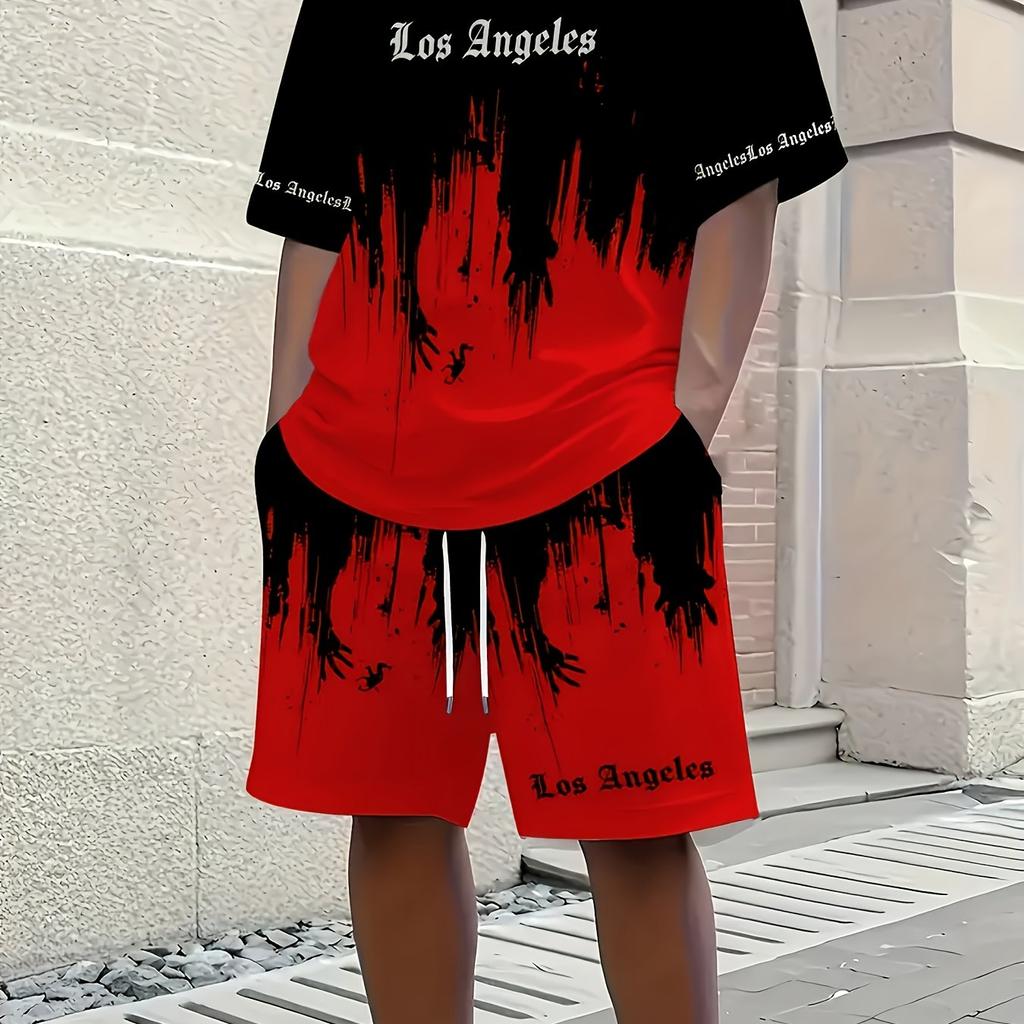 Men 2Pcs Los Angeles Letter Print T-shirt Shorts Set Summer Casual Outfit
