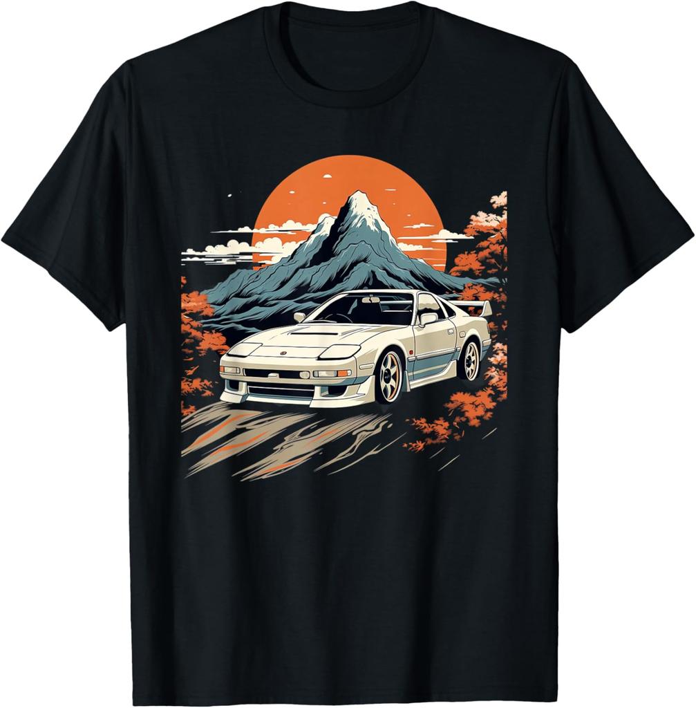 JDM AE86 Style Sports Car Sunset Mountain Graphic Tee Men Breathable Cotton Crewneck T-Shirt
