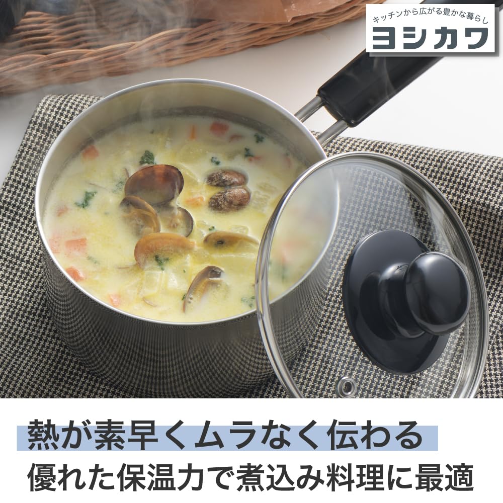 Yoshikawa Cook Look Basic Single-handed Pot 16cm 1.8L For Both IH and Gas Fires Glass Lid Stainless Steel Tsubame-Sanjo Made In Japan SJ3770