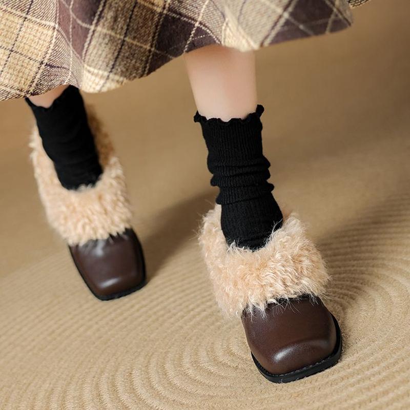 Fashion NEW Winter Women Pumps Square Toe Chunky Heel Shoes Split Leather Shoes for Women Slip-on Modern Shoes Elegant Plush Women Pumps
