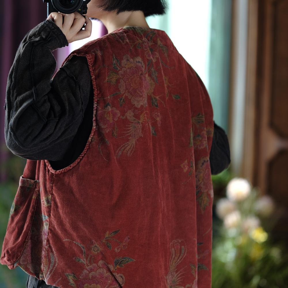 Johnature Women Coats O-Neck Sleeveless Print Floral Autumn Button Pockets Female Chinese Coats