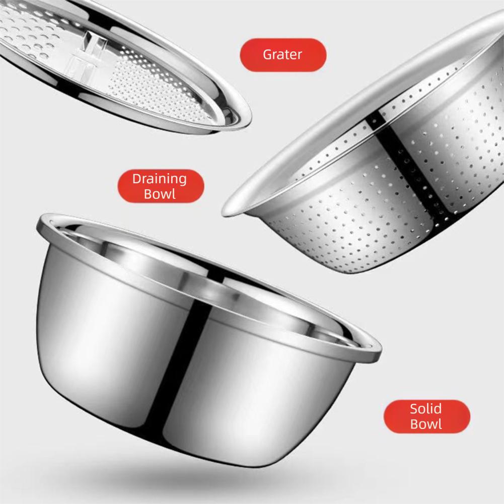 3-Piece Set Thickened Grater Bowl Drain Basket Stainless Steel Vegetable Fruit Drain Filter Basket Rice Rinser Dough Mixing Bowl