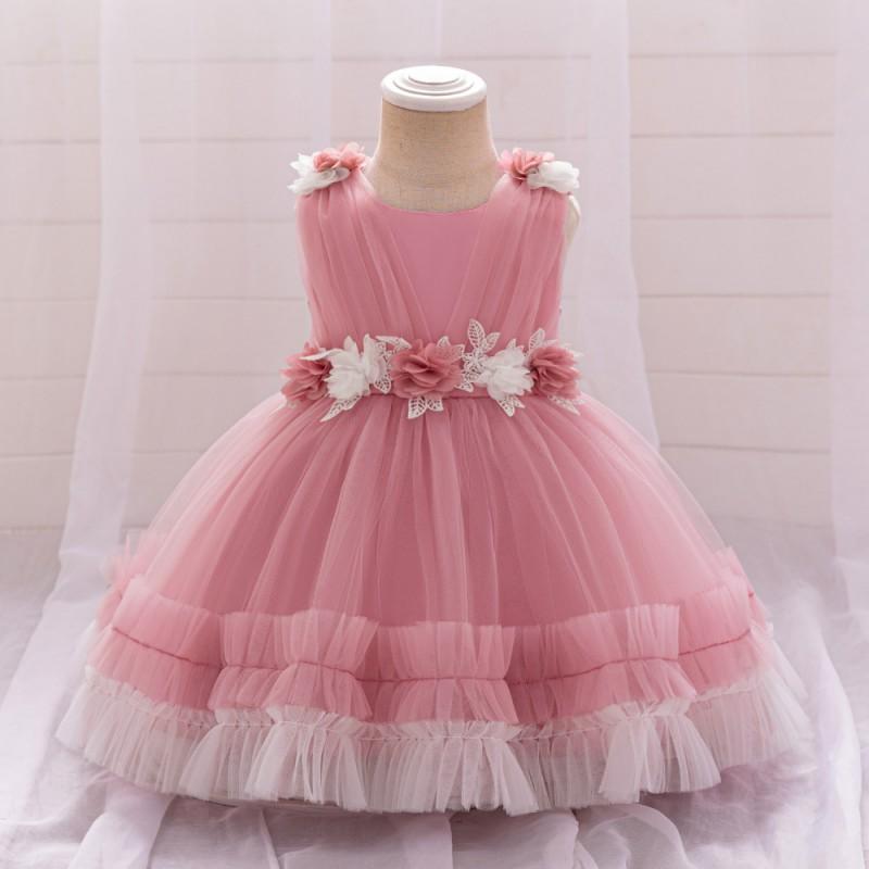 Girls Princess Dress Sleeveless Tulle Gown With 3D Floral Applique Toddler Baby Kids