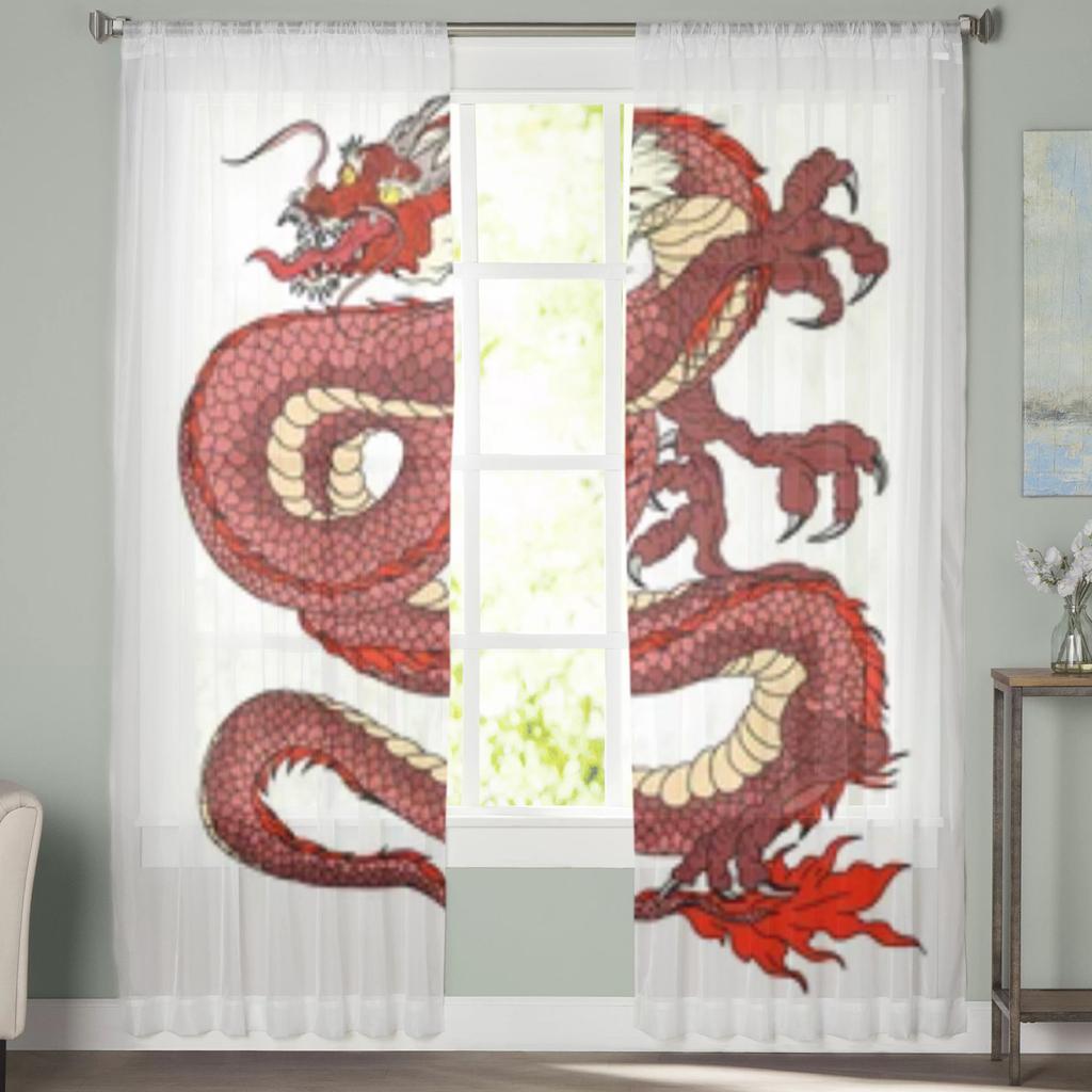 Handgezeichnete Rote Drachen Transparente Fenstergardinen für Wohnzimmer Schlafzimmer Moderne Voile Tüllgardinen Stoff Vorhänge für Küche