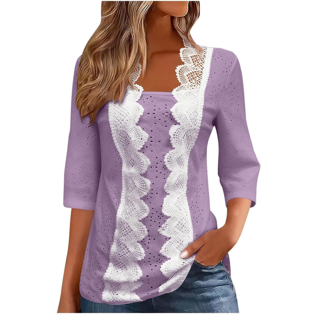 Women's Casual Fashion Lace Shirt Three-quarter Sleeve Top