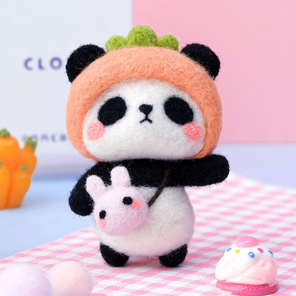Needle Felting Kit DIY Handmade Wool Pedant Materials Cartoon Panda Shape for Beginners Small Peach