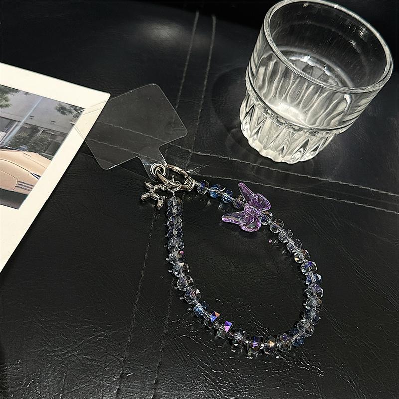 Luxury Colorful Butterfly Crystal Bead Phone Bracelet Strap Charm Chain Knot Cellphone Lanyard Keychain Bag Camera keychain Pend