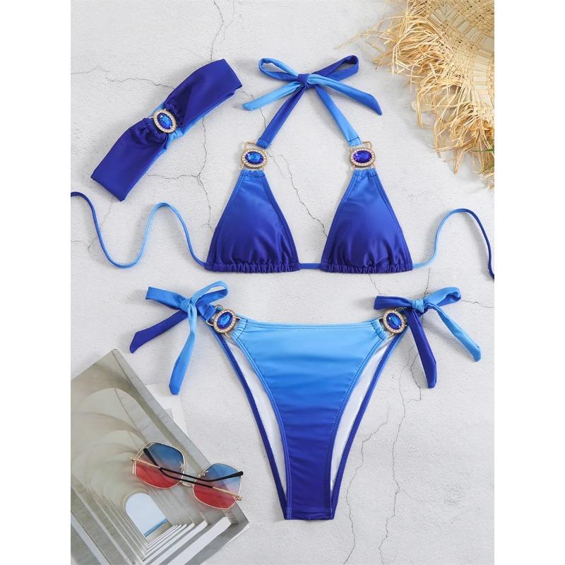 Luksusowy Bikini 2025 Kobiety Neonowy Zielony Gradientowe Dżety Push Up Mikro Kostium Kąpielowy Plażowy Kostium Kąpielowy Diamentowy Pasek 3-częściowy Strój Kąpielowy