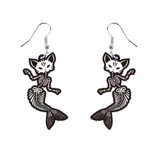 Halloween Skull & Cat Mermaid Tail Bone Earrings: Acrylic Pendant Accessories