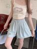 Women's High Waist Drawstring Blue Shorts - Summer Casual, Slimming Wide-Leg for Middle School Students