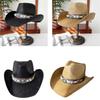 Handwoven Straw Hat for Female Cowgirl Hat with PU Belt Fashion Panamas Hat Music Festival Cowgirl Hat for Seasides Travel