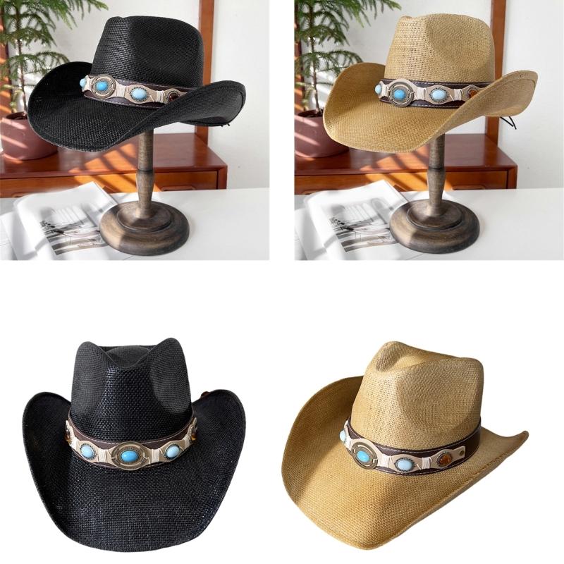 Handwoven Straw Hat for Female Cowgirl Hat with PU Belt Fashion Panamas Hat Music Festival Cowgirl Hat for Seasides Travel