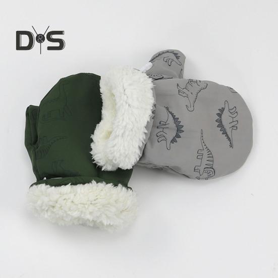 1 Pair Children Winter Mittens Thick Plush-lined Windproof Cartoon Dinosaur Cold Weather Outdoor Gloves Adjustable Fasten Strap Anti-Slip Ski Gloves
