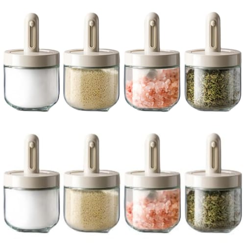 

REENEW Glass Spice Container with Extendable Spoon, 300ml Capacity (8-Pack, Off-White), Airtight, for Condiments, Sugar, and Spices.