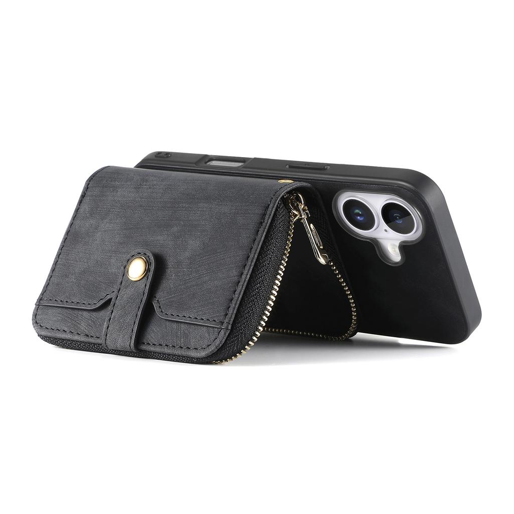 For iPhone 16 Case Zipper Card Holder PU Leather Phone Back Cover with Long Strap