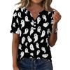 Women V Neck Short Sleeve Button Decor Top with Halloween Print Casual Loose Fit T Shirt for Daily Wear