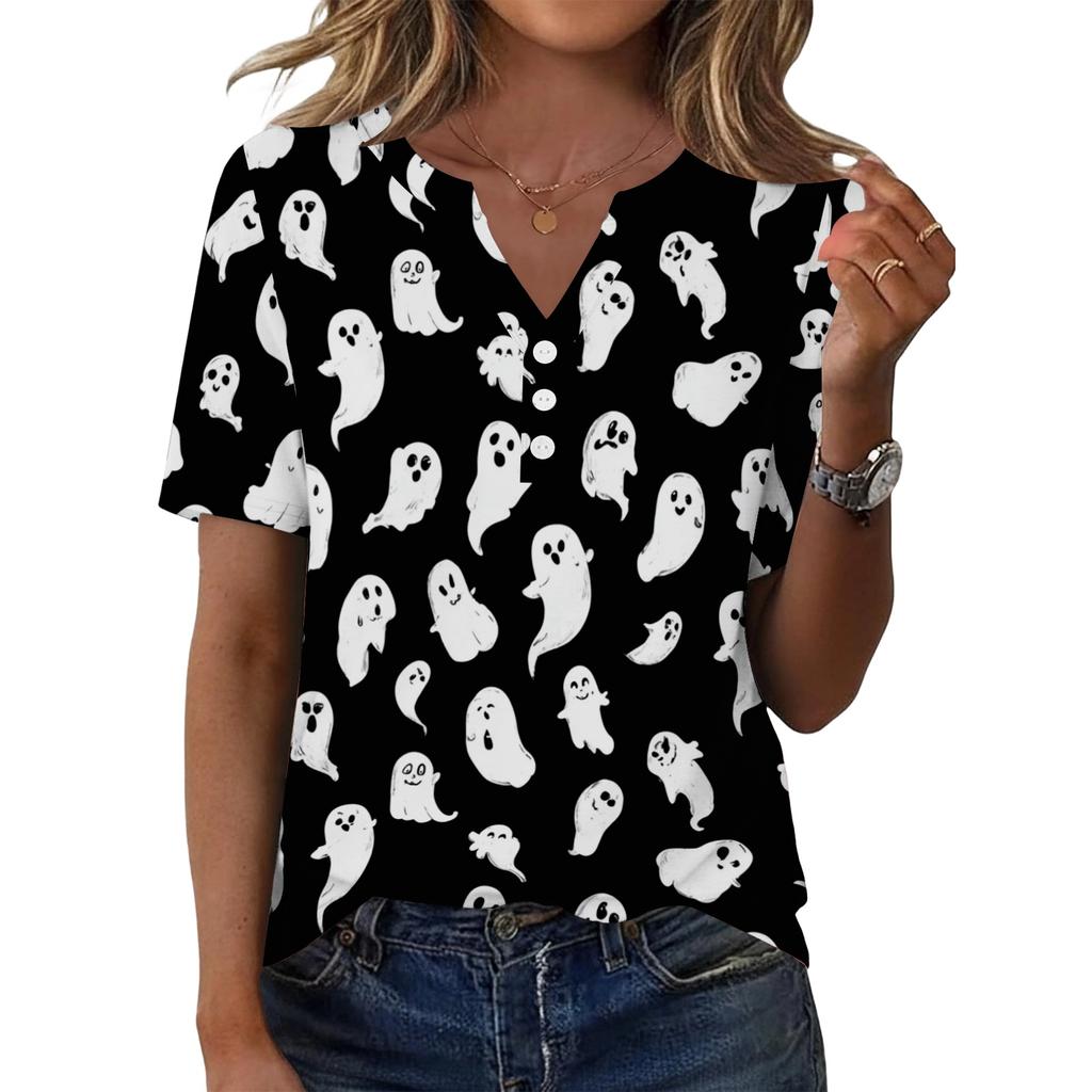 Women V Neck Short Sleeve Button Decor Top with Halloween Print Casual Loose Fit T Shirt for Daily Wear