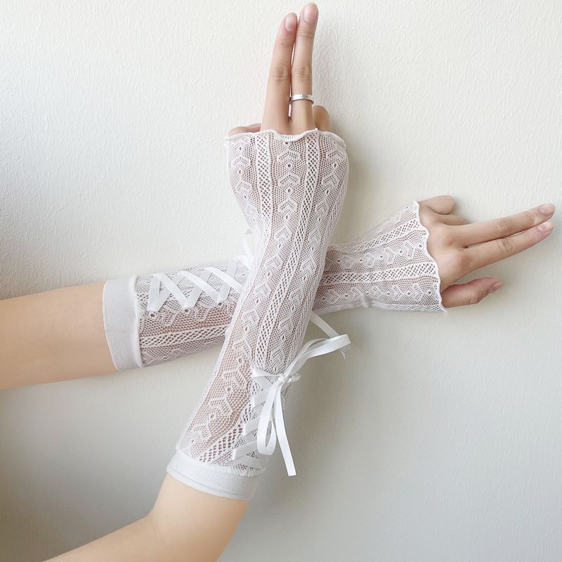 

Lolita Love Bow Hand Sleeve Sweet Gloves Wooden Ear Mesh Thin Drawstring Ribbon Sun Protection Oversleeve Arm Sleeve White Heart Ribbon One size