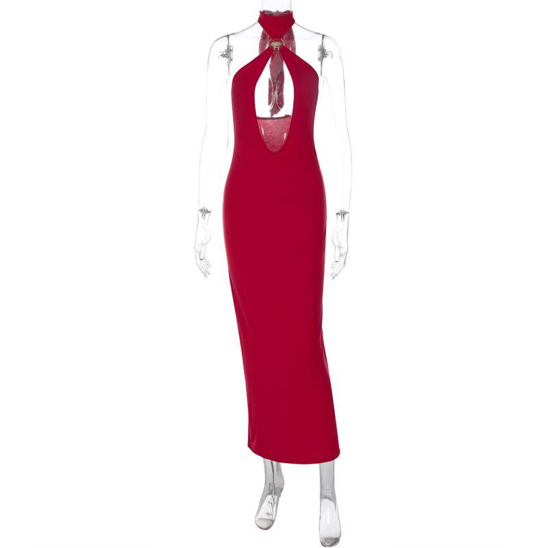 

Kkx European and American Sexy Metal Shell Hollow Hanging Neck Strap Dress High-Grade Tight Backless Sheath Long dress Red L