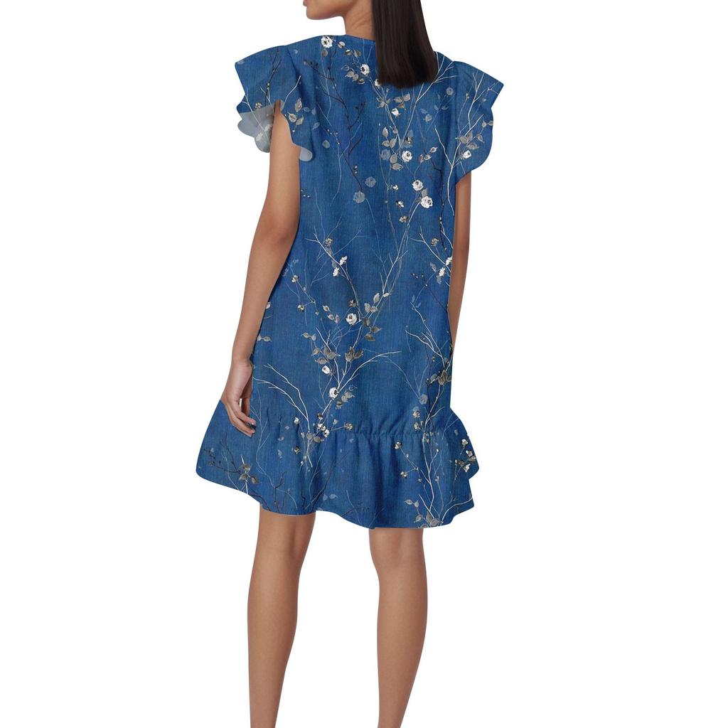 Women's Fashion Casual V Neck Wavy Edge Print Short Sleeve Dress