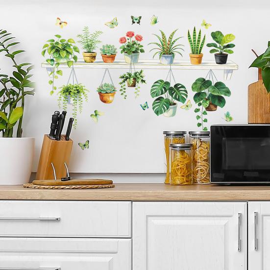 Tropical Plants Shelf Wall Sticker Green Potted Plant Wall Decals with Butterfly Flower for Living Room Bedroom Office