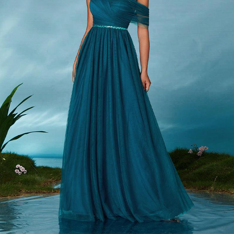 Women's One-Shoulder Casual Mesh Evening Gown