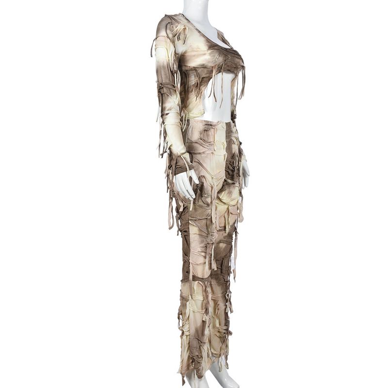 

9638sd European and American Cross-Border Women clothes 2025 New Sexy Wrap-around Navel Fashion Tassel Tight Trousers Two-piece Set Apricot color L