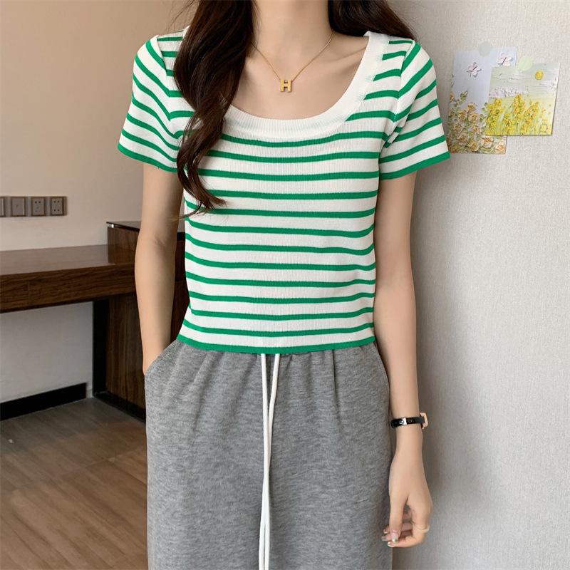 Striped Square Collar Knitted Short Sleeve T-shirt Women's Summer New Women's Card Waist Small Shirt U Collar Top