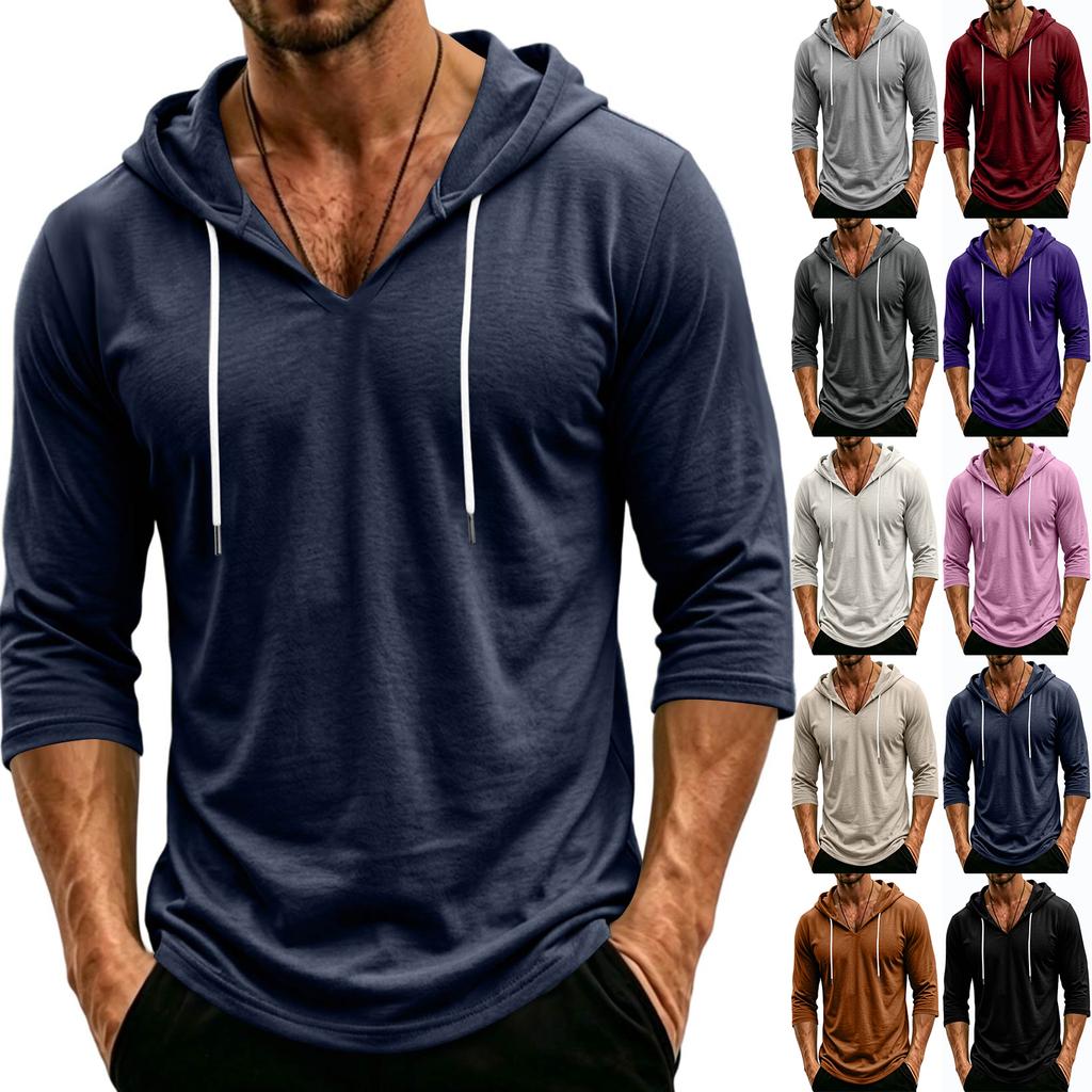 Men's Loose Fit Casual Hoodie Lightweight Pullover with 3/4 Sleeve Drawstring Hooded Shirt for Everyday Wear